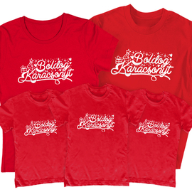 Boldog Karácsonyt családi póló szett (3 gyerek) (Piros)