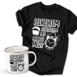 Felkeltem férfi póló és fém bögre szett (Fekete pólóval)