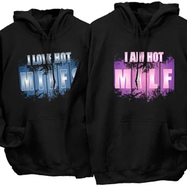 I love hot milfs/I am hot milf páros kapucnis pulóverek (Fekete)