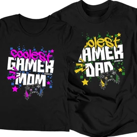 Coolest gamer mom &amp;amp; dad páros póló szett (Fekete)