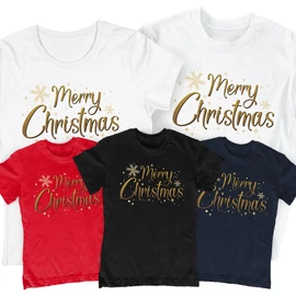 Merry christmas családi póló szett (3 gyerek) (Fehé-Fekete-Piros-Sötétkék))