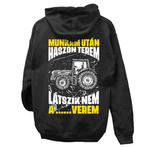 Munkám után... traktoros kapucnis pulóver (Fekete)