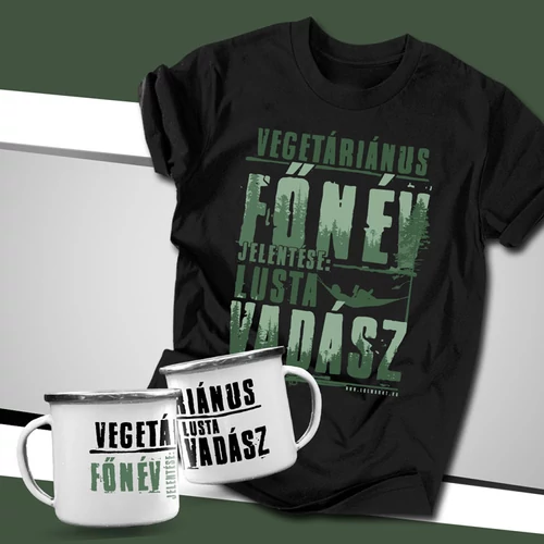 A Lusta vadász férfi póló és fém bögre szett (Fekete pólóval)
