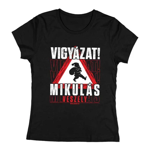 Vigyázat! Mikulás veszély női póló (Fekete)