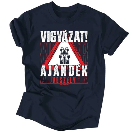 Vigyázat! Ajándék veszély férfi póló (Sötétkék)