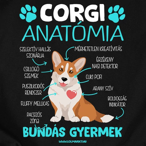 Corgi anatómiai női póló (B_fekete)