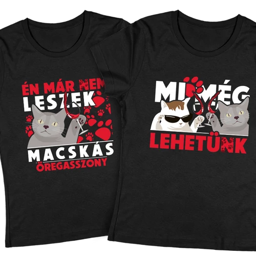 Macskás öregasszony - lánybúcsús póló szett (Fekete)