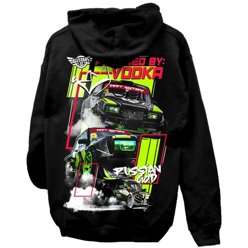Drift Allstars - POWERED BY VODKA kapucnis pulóver (hátán nyomott) (Fekete)