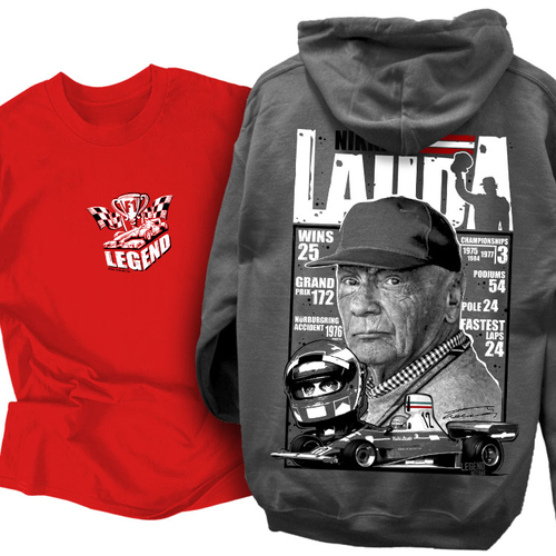 LAUDA - Nikki Lauda Tribute kapucnis pulcsi és F1 Legend póló szett (Piros-Grafit)