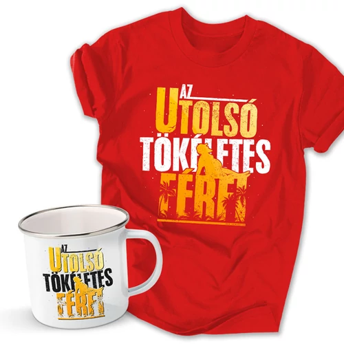 Az utolsó tökéletes férfi póló és fém bögre szett (Piros pólóval)