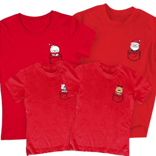 Karácsonyi zsebfigurás családi póló szett (2 gyerek) (Piros)