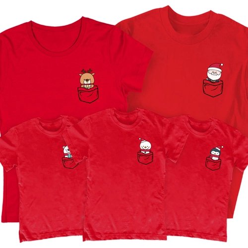 Karácsonyi zsebfigurás családi póló szett (3 gyerek) (Piros)