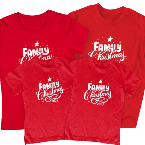 Family Christmas 2023 családi póló szett (2 gyerek) (Piros)