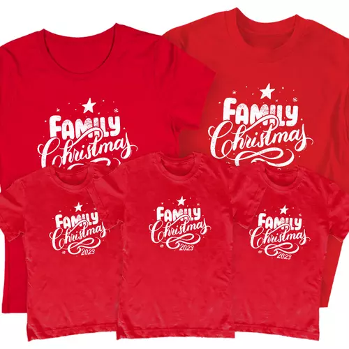 Family Christmas 2023 családi póló szett (3 gyerek) (Piros)