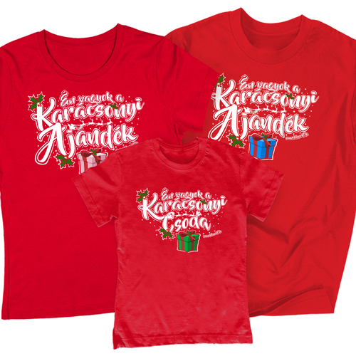 Karácsonyi ajándék családi póló szett (1 gyerek) (Piros))