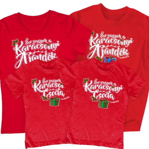 Karácsonyi ajándék családi póló szett (2 gyerek) (Piros)