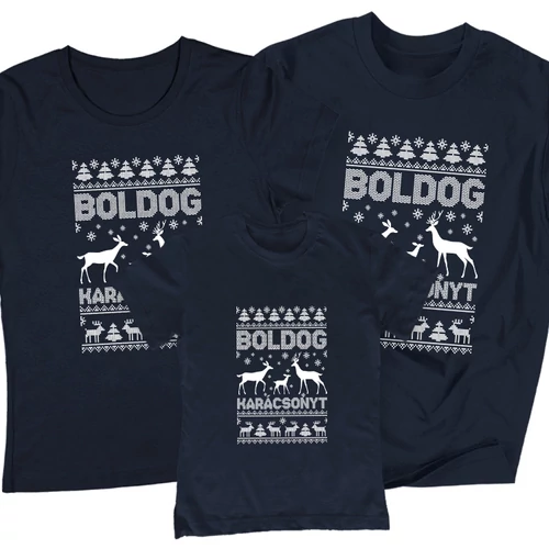 Boldog karácsony családi póló szett (1 gyerek) (Sötétkék)