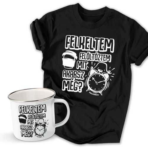 Felkeltem férfi póló és fém bögre szett (Fekete pólóval)