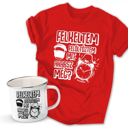 Felkeltem férfi póló és fém bögre szett (Piros pólóval)