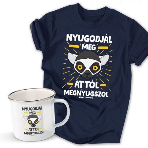 Nyugodjál meg férfi póló és fém bögre szett (Sötéték pólóval)