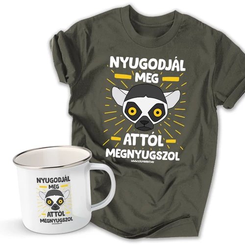 Nyugodjál meg férfi póló és fém bögre szett (Grafit pólóval)