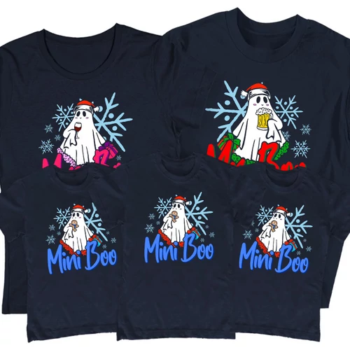 Christmas Boo Family családi póló szett (3 gyerek) (Sötétkék)