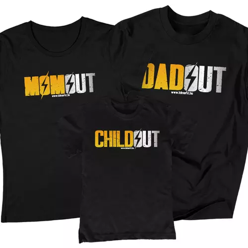 Fallout (Momout, Dadout, Childout) családi póló szett (1 gyerek) (Fekete)