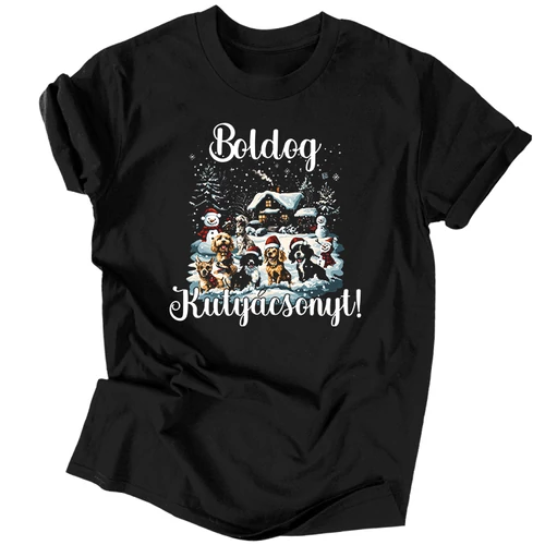 Boldog kutyácsonyt férfi póló (Fekete)
