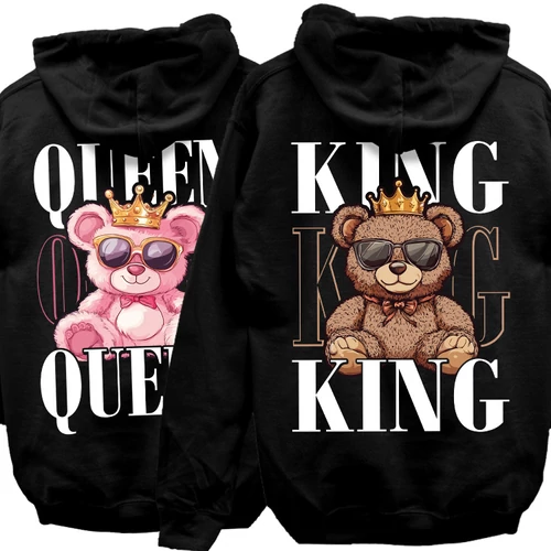 Queen & King (macis) kapucnis pulóverek (Fekete)