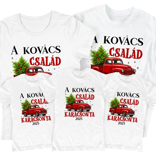 Családi karácsony (saját vezetéknévvel) családi póló szett (3 gyerek) (Fehér)