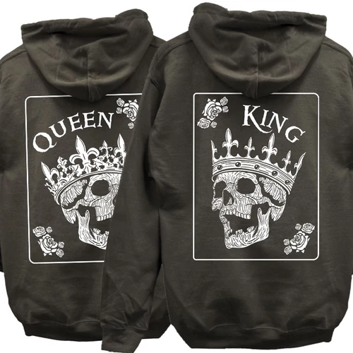 Queen & King koponyás kapucnis pulóverek (hátul nyomott) (Grafit)