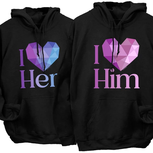 I love him / I love her kapucnis pulóverek (Fekete)