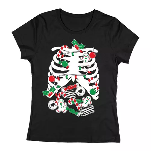 Karácsonyi nasi csontváz női póló (Fekete)