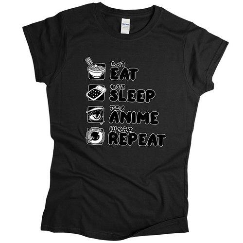 Eat sleep anime repeat női póló (Fekete)